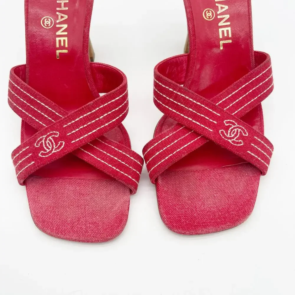 Chanel Vintage Red Canvas CC Nautical Cross Strap Slide Mule Sandal Heels EU 38